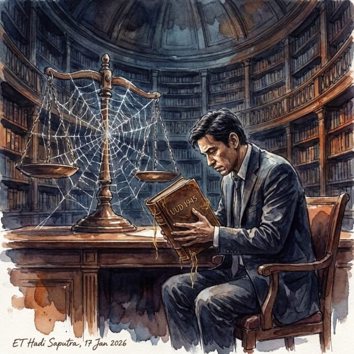 A man in a suit sits in a library, holding an ancient book titled 'LUD 1945,' with a scale of justice and spiderwebs in the background, symbolizing neglect of legal knowledge.