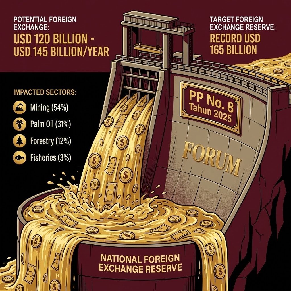 An illustration depicting potential foreign exchange reserves, highlighting key sectors like mining, palm oil, forestry, and fisheries, with financial figures and a focus on national reserves by 2025.